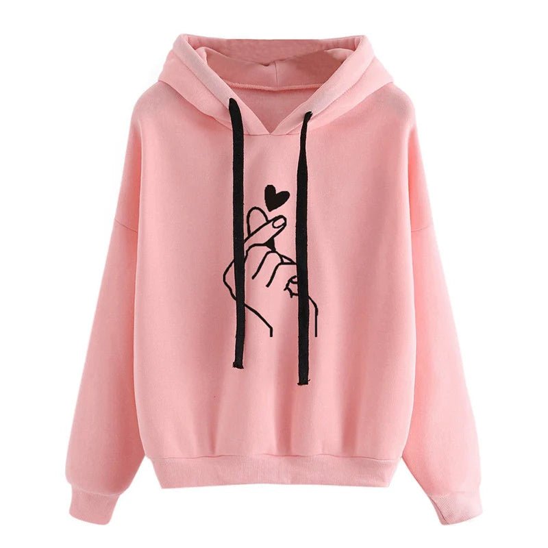 Finger Heart Graphic Hoodie Loose Fit Fleece — K - Pop Coquette Casual - BaeSprout.com
