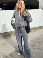 Bomber Jacket Wide Leg Pants Set Two Piece — Quiet Luxury Y2K Streetwear - BaeSprout.com