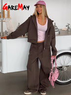 Zip - Up Hoodie Wide Leg Sweatpants Set Two Piece — Y2K Clean Girl Loungewear - BaeSprout.com