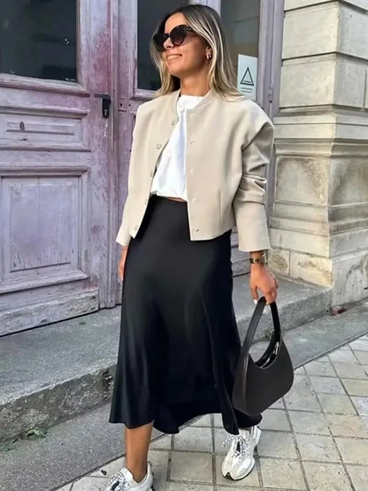 Satin Midi Skirt High Waist Flowy A - Line — Quiet Luxury Old Money Chic - BaeSprout.com