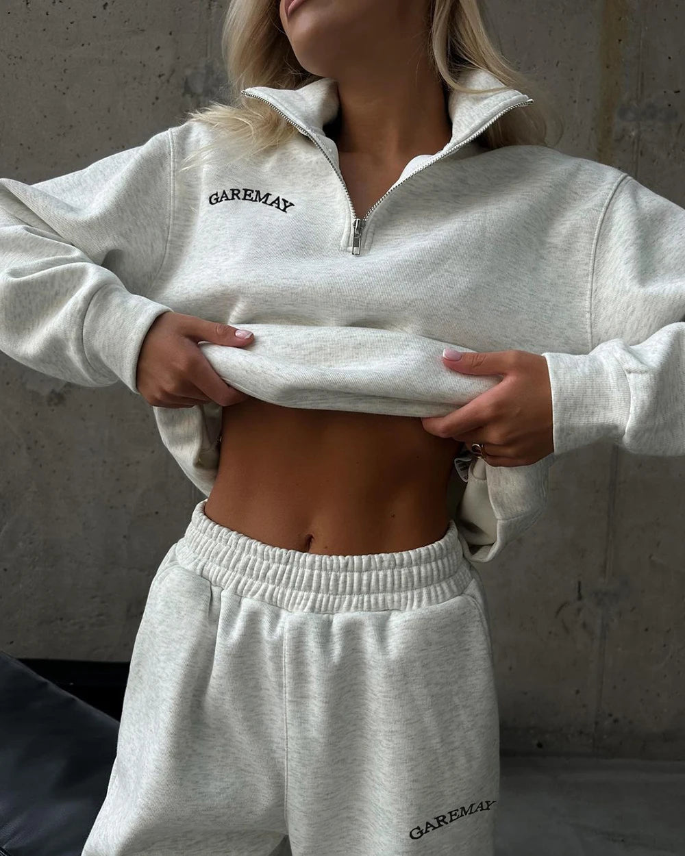Crop Half - Zip Sweatsuit Set Two Piece Oversized — Clean Girl Loungewear - BaeSprout.com