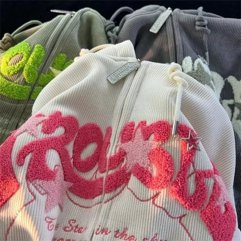 Chenille Embroidered Zip - Up Hoodie with Star Detail — Y2K Harajuku - BaeSprout.com
