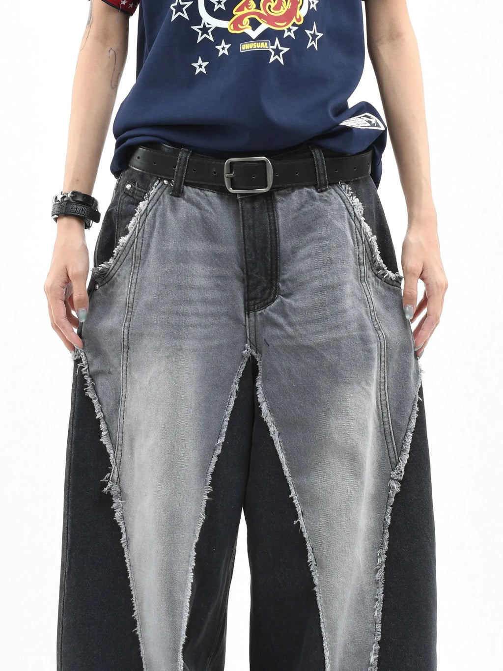 Color Block Patchwork Baggy Wide Leg Jeans - Y2K - BaeSprout.com