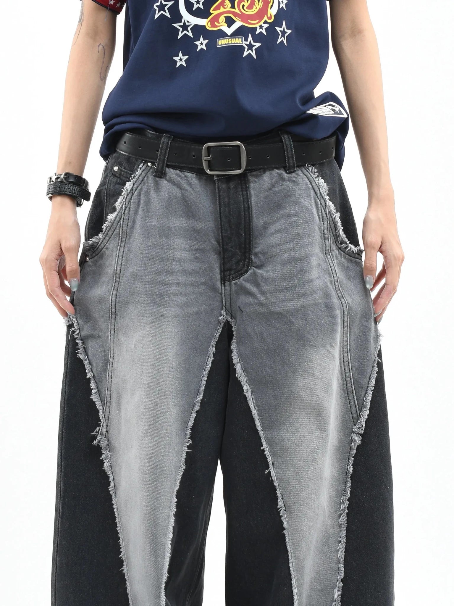 Color Block Patchwork Baggy Wide Leg Jeans - Y2K - BaeSprout.com