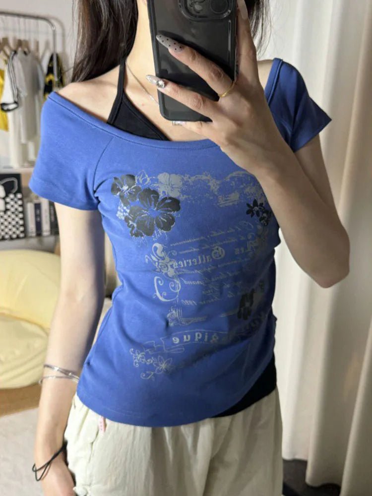 Floral Graphic Halter Tie Tee with Off - Shoulder Cut — Y2K Vintage - BaeSprout.com