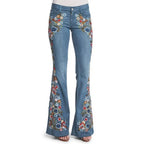 Floral Embroidered Denim Flare Jeans - Retro Boho - BaeSprout.com