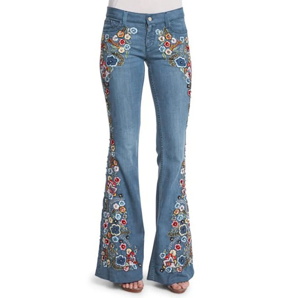 Floral Embroidered Denim Flare Jeans - Retro Boho - BaeSprout.com
