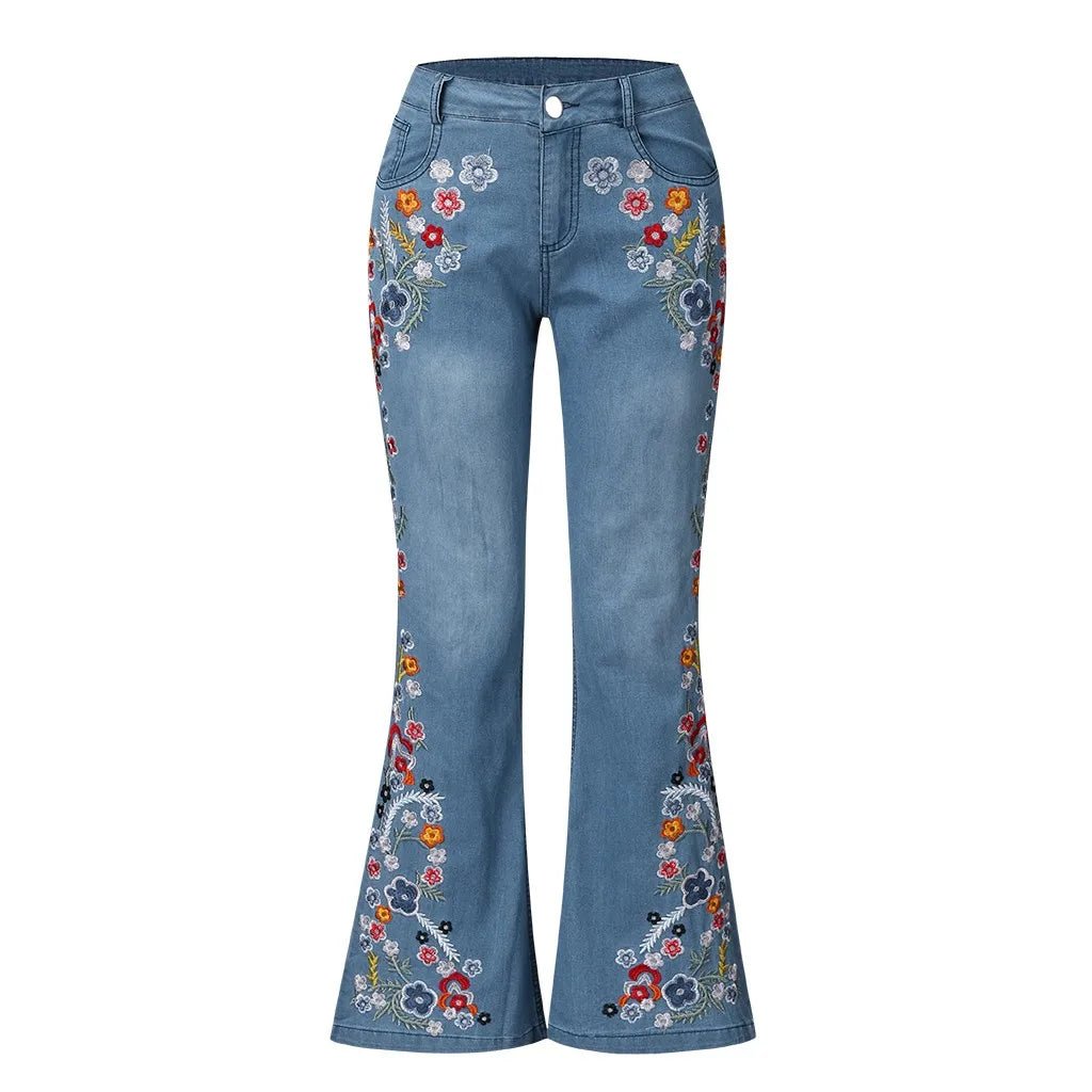 Floral Embroidered Denim Flare Jeans - Retro Boho - BaeSprout.com
