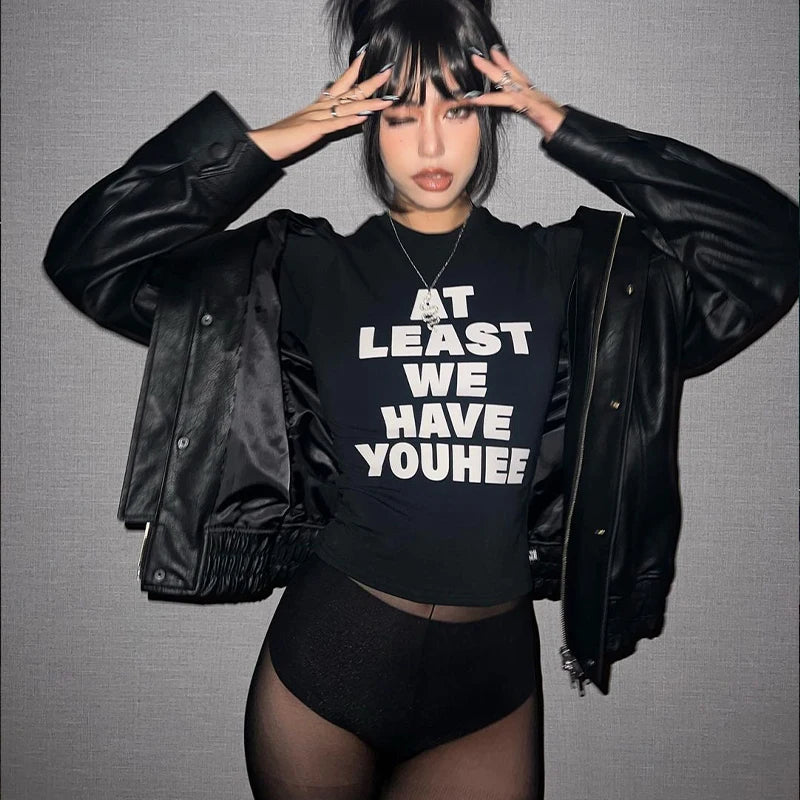 Slogan Print Fitted Crop Tee with Short Sleeves — Y2K Harajuku - BaeSprout.com