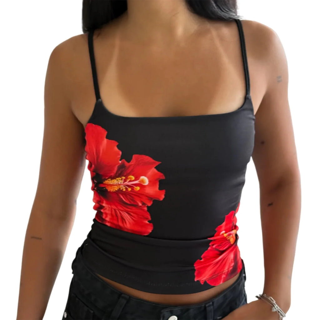 Hibiscus Print Cami Top Spaghetti Strap Slim — Y2K Baddie & Streetwear - BaeSprout.com
