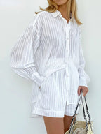 Striped Jacquard Shirt and Shorts Set with Lantern Sleeves — Quiet Luxury - BaeSprout.com