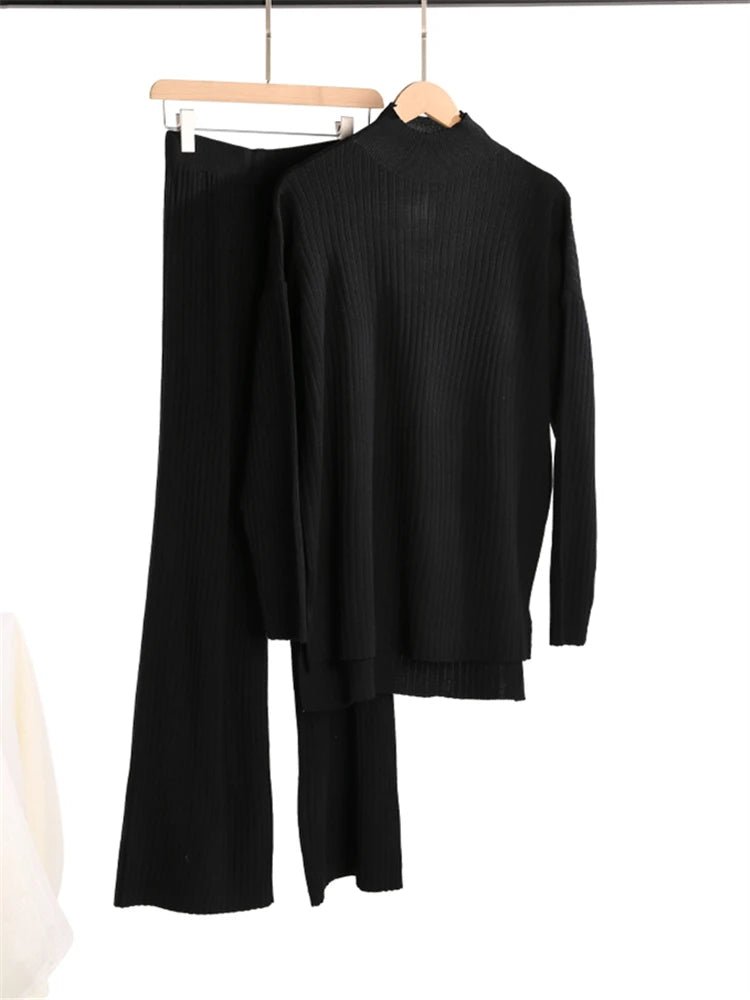 Knit Turtleneck Sweater Wide Leg Pants Set Two Piece — Quiet Luxury - BaeSprout.com