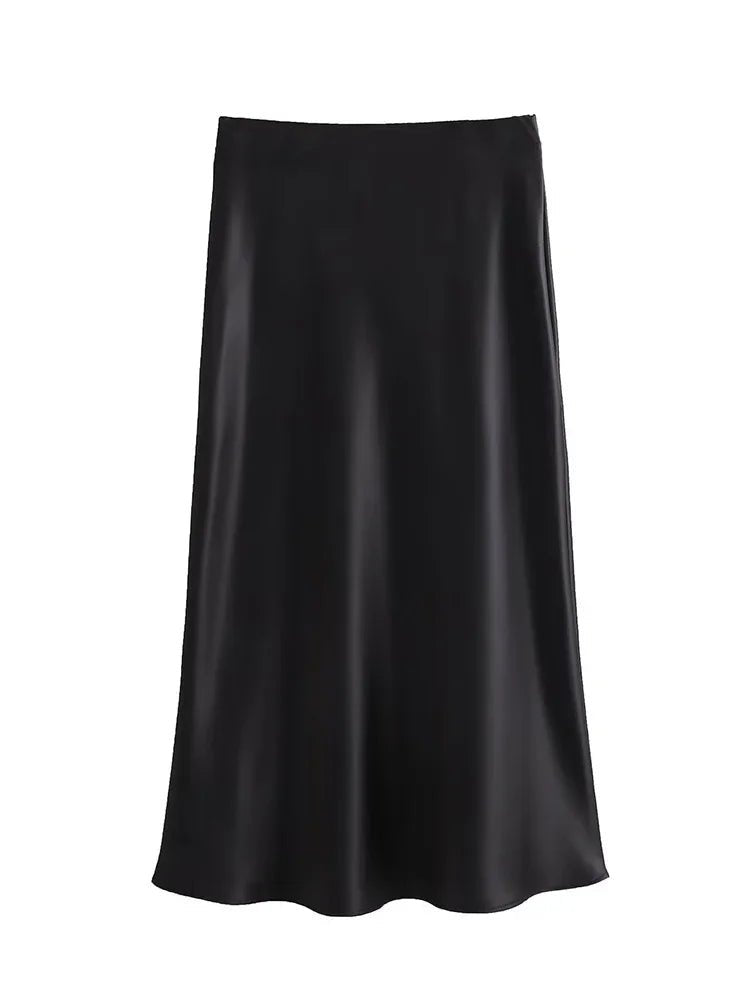 Satin Midi Skirt High Waist Flowy A - Line — Quiet Luxury Old Money Chic - BaeSprout.com