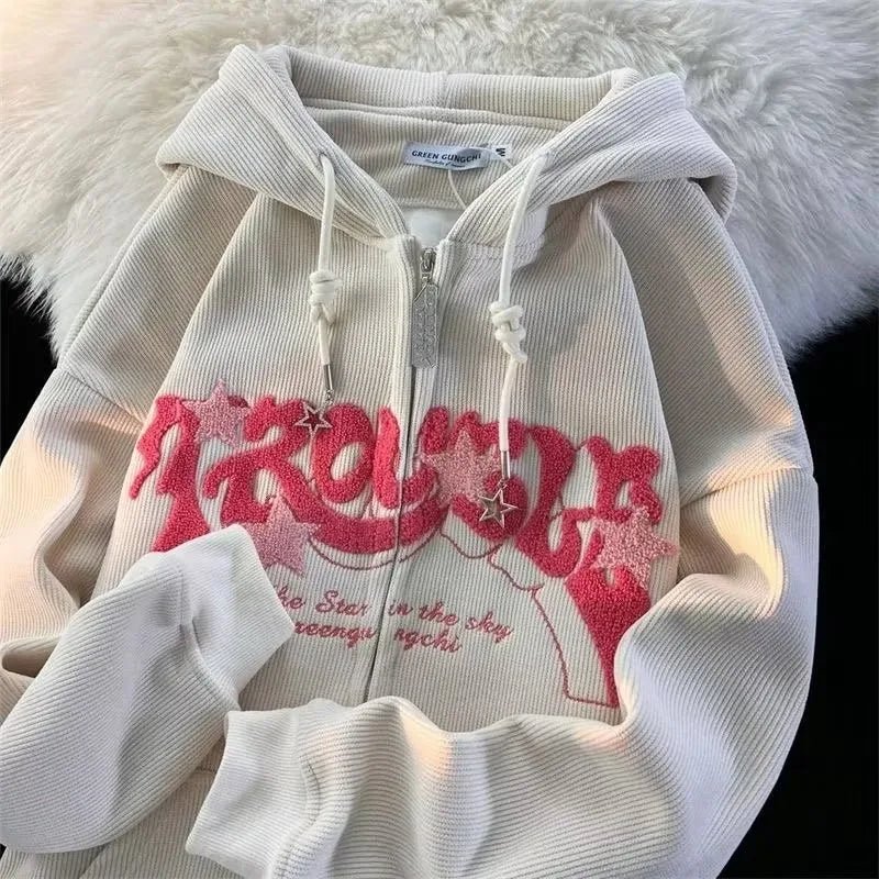 Chenille Embroidered Zip - Up Hoodie with Star Detail — Y2K Harajuku - BaeSprout.com