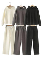 V - Neck Hoodie Wide Leg Pants Set Two Piece Fleece — Quiet Luxury Casual - BaeSprout.com