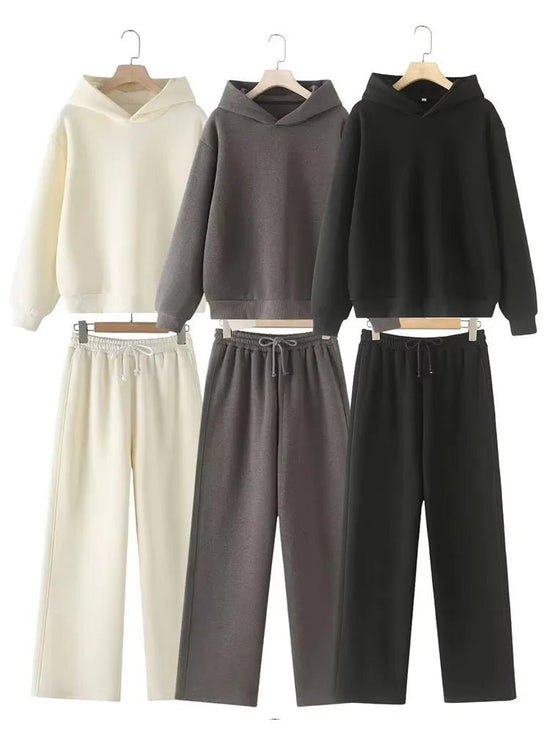 V-Neck Hoodie Wide Leg Pants Set Two Piece Fleece — Quiet Luxury Casual