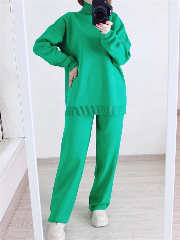 Knit Turtleneck Sweater Wide Leg Pants Set Two Piece — Quiet Luxury - BaeSprout.com