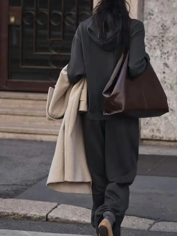 V - Neck Hoodie Wide Leg Pants Set Two Piece Fleece — Quiet Luxury Casual - BaeSprout.com