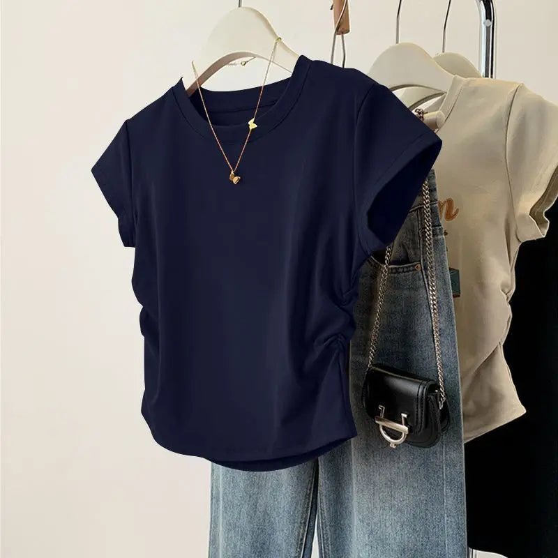 Ruched Side Tee Slim Fit Cap Sleeve Crew Neck — Clean Girl Everyday - BaeSprout.com