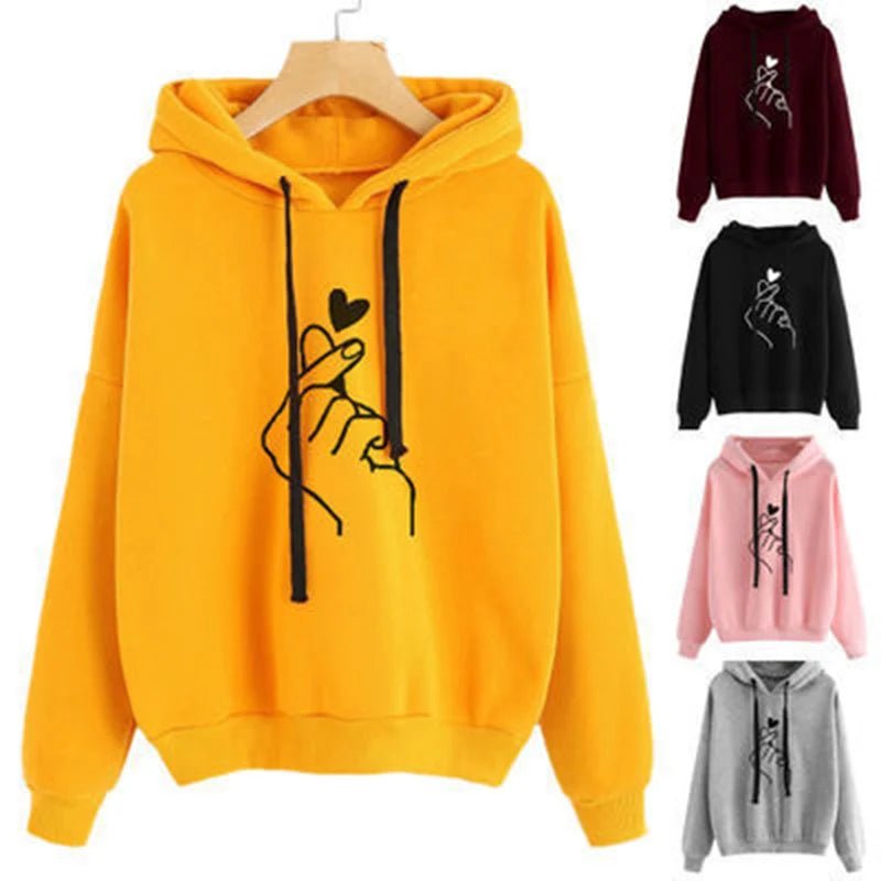 Finger Heart Graphic Hoodie Loose Fit Fleece — K - Pop Coquette Casual - BaeSprout.com