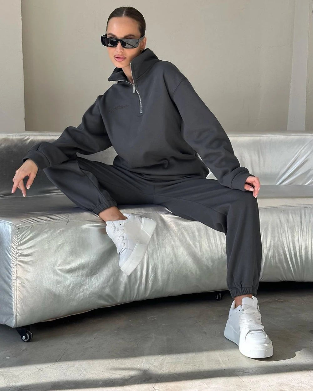 Crop Half - Zip Sweatsuit Set Two Piece Oversized — Clean Girl Loungewear - BaeSprout.com