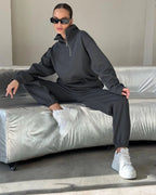 Crop Half - Zip Sweatsuit Set Two Piece Oversized — Clean Girl Loungewear - BaeSprout.com