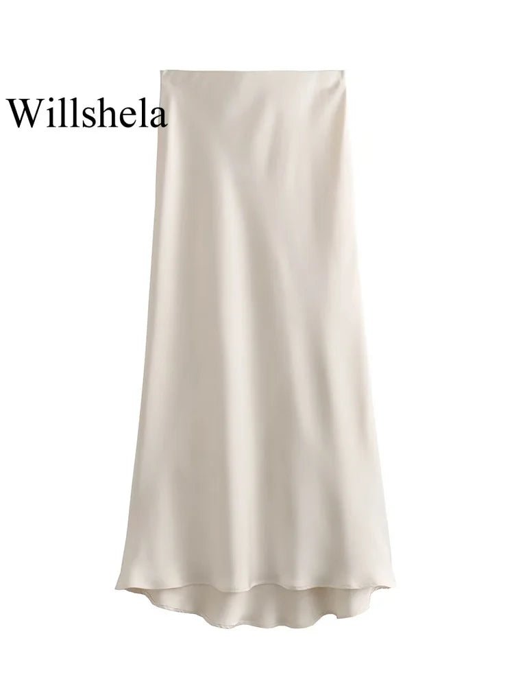 Satin Midi Skirt High Waist Flowy A - Line — Quiet Luxury Old Money Chic - BaeSprout.com