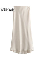 Satin Midi Skirt High Waist Flowy A - Line — Quiet Luxury Old Money Chic - BaeSprout.com