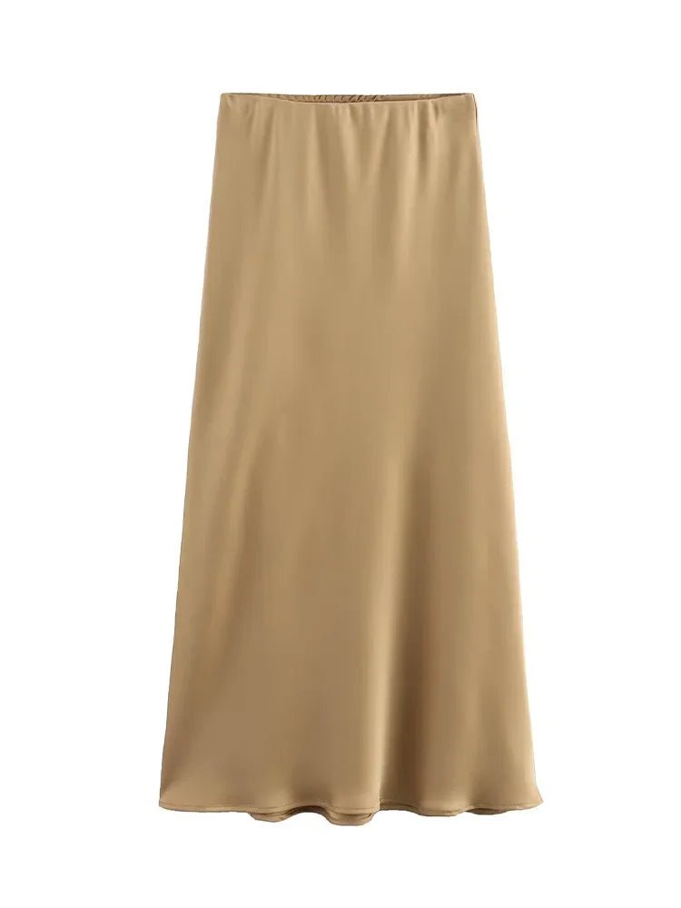 Satin Midi Skirt High Waist Flowy A - Line — Quiet Luxury Old Money Chic - BaeSprout.com