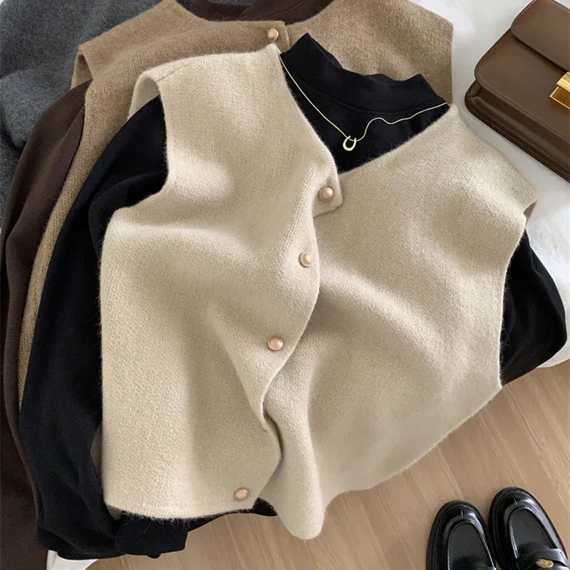 Knit Sweater Vest Gold Button Sleeveless Crop — Quiet Luxury Layering - BaeSprout.com