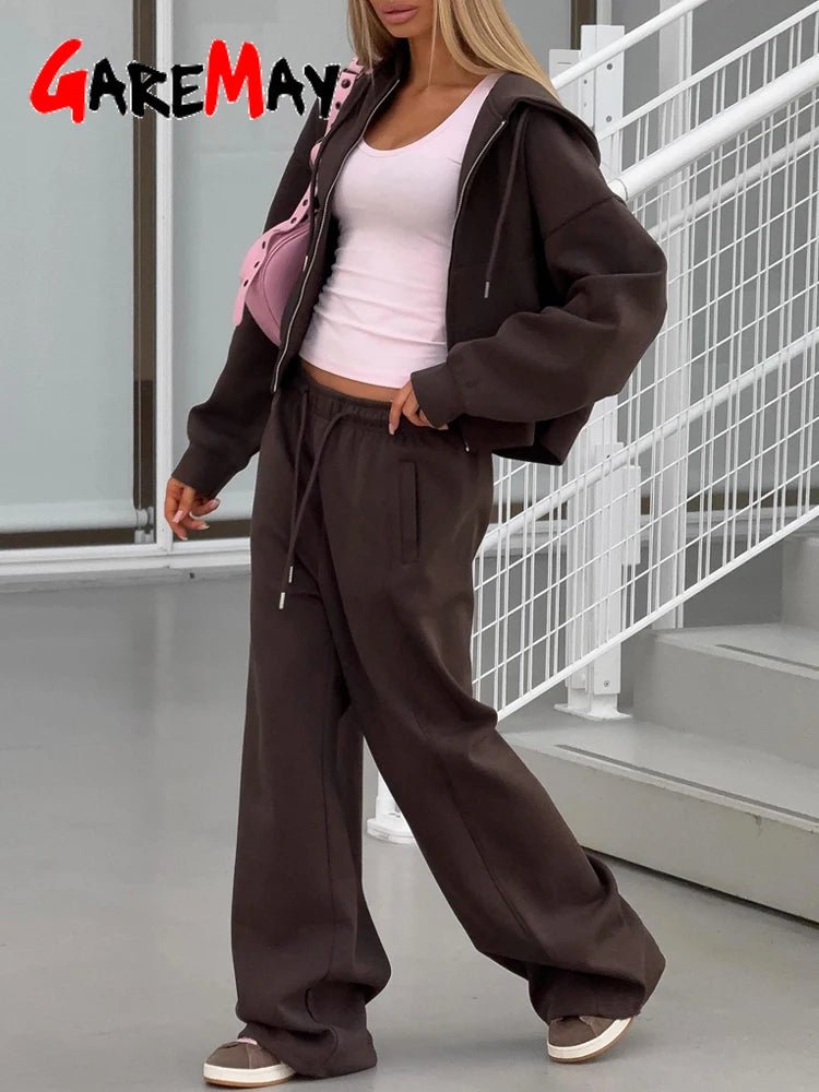 Zip - Up Hoodie Wide Leg Sweatpants Set Two Piece — Y2K Clean Girl Loungewear - BaeSprout.com