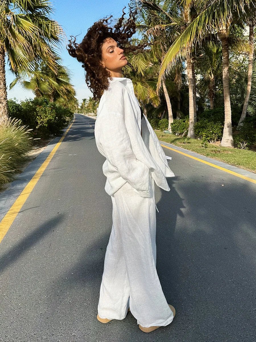Linen Wide Leg Pants Set Two Piece Oversized Shirt — Clean Girl Beach Chic - BaeSprout.com