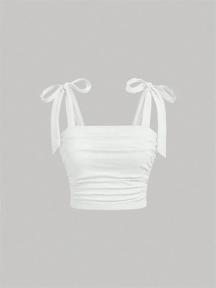 Ruched Bow Tie Shoulder Crop Top with Wide Straps — Y2K Coquette - BaeSprout.com