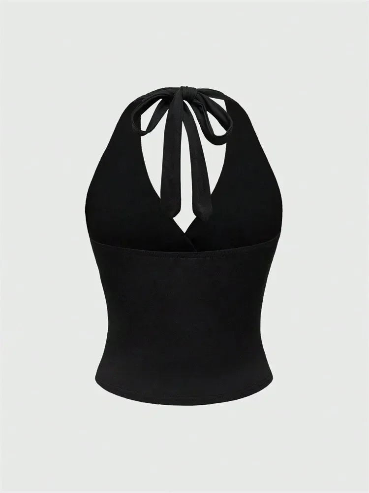 V - Neck Halter Crop Top Ruched Tie - Back Backless — Y2K Baddie Night Out - BaeSprout.com