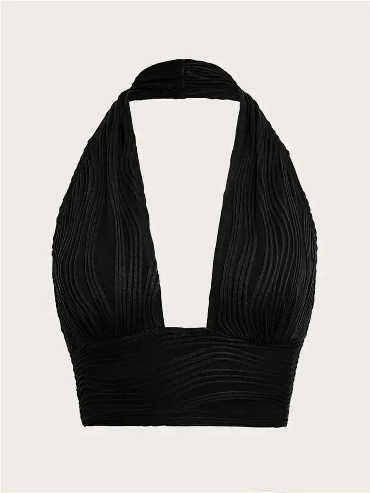 Textured Halter Crop Top Deep V - Neck Backless — Y2K Club Night Out - BaeSprout.com