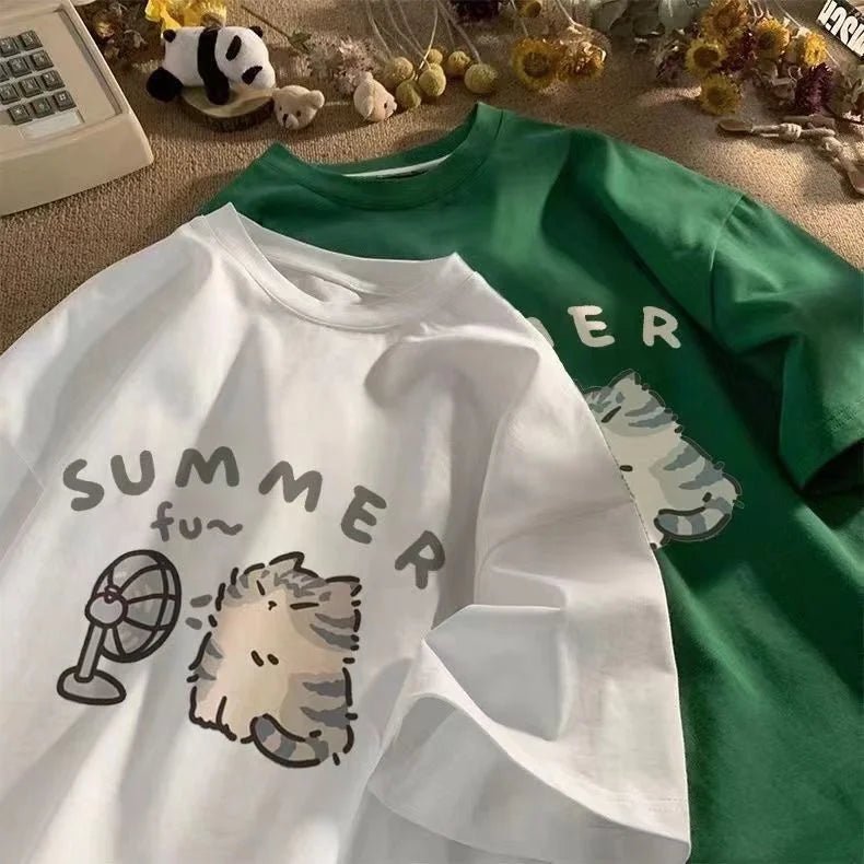 Cute Cat Graphic Tee Oversized — Kawaii Y2K Summer - BaeSprout.com
