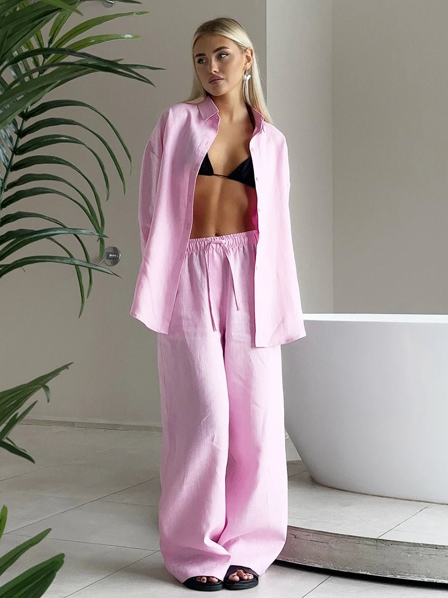 Linen Wide Leg Pants Set Two Piece Oversized Shirt — Clean Girl Beach Chic - BaeSprout.com