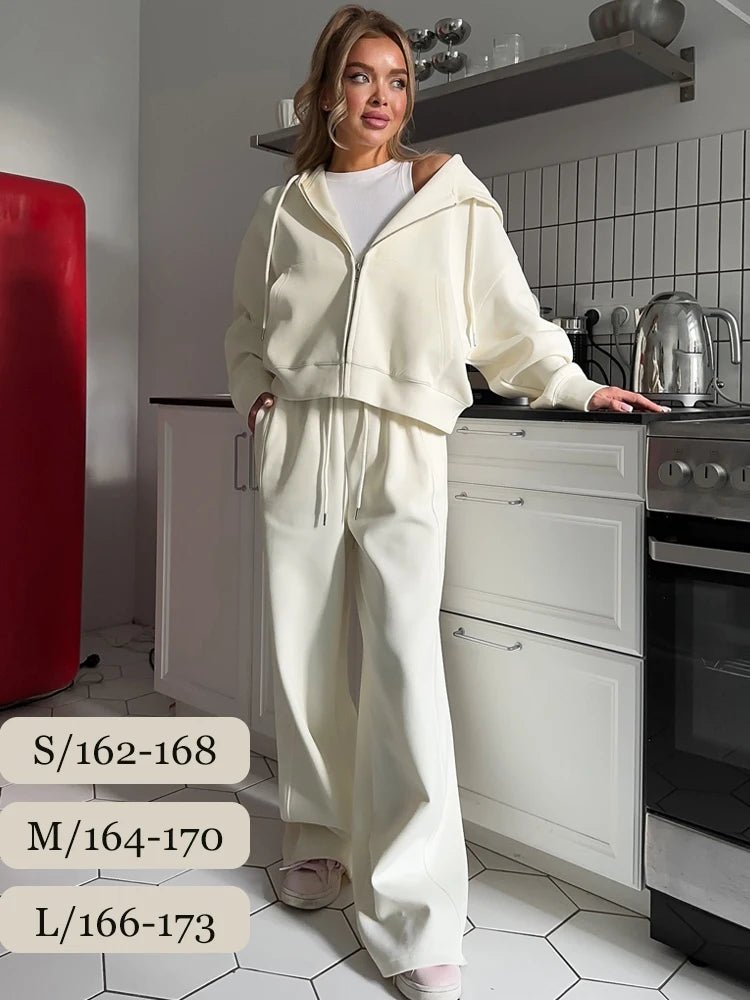 Zip - Up Hoodie Wide Leg Sweatpants Set Two Piece — Y2K Clean Girl Loungewear - BaeSprout.com