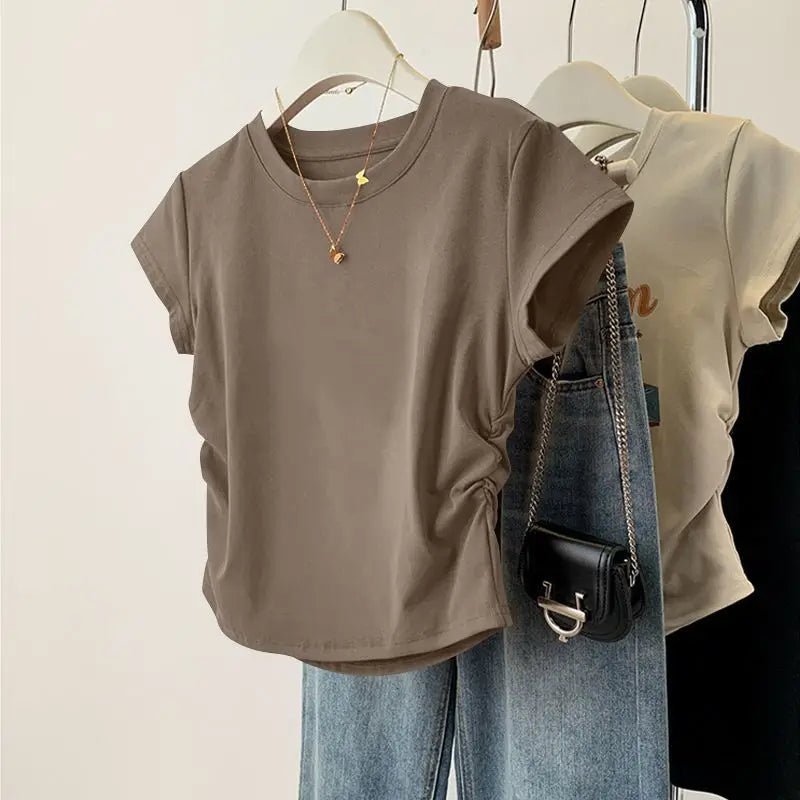 Ruched Side Tee Slim Fit Cap Sleeve Crew Neck — Clean Girl Everyday - BaeSprout.com