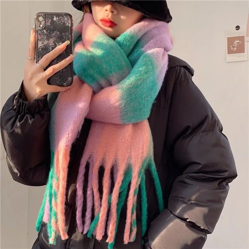 Fuzzy Color Block Tassel Scarf — Y2K Indie Winter Style - BaeSprout.com