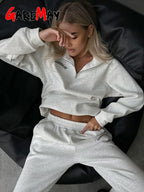 Crop Half - Zip Sweatsuit Set Two Piece Oversized — Clean Girl Loungewear - BaeSprout.com