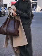 V - Neck Hoodie Wide Leg Pants Set Two Piece Fleece — Quiet Luxury Casual - BaeSprout.com