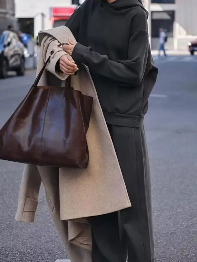 V - Neck Hoodie Wide Leg Pants Set Two Piece Fleece — Quiet Luxury Casual - BaeSprout.com