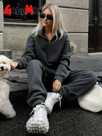 Crop Half - Zip Sweatsuit Set Two Piece Oversized — Clean Girl Loungewear - BaeSprout.com