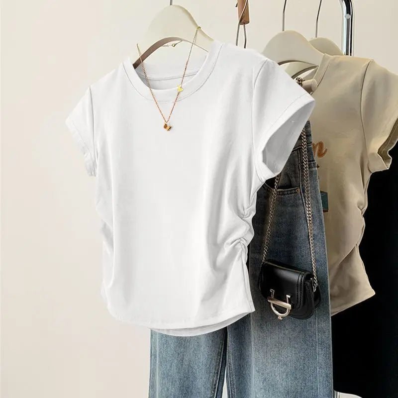 Ruched Side Tee Slim Fit Cap Sleeve Crew Neck — Clean Girl Everyday - BaeSprout.com