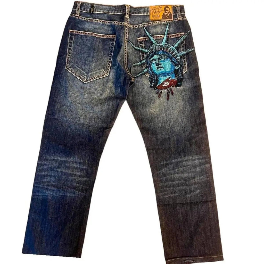 Statue of Liberty Rhinestone Jeans with Wide Leg — Y2K Harajuku - BaeSprout.com