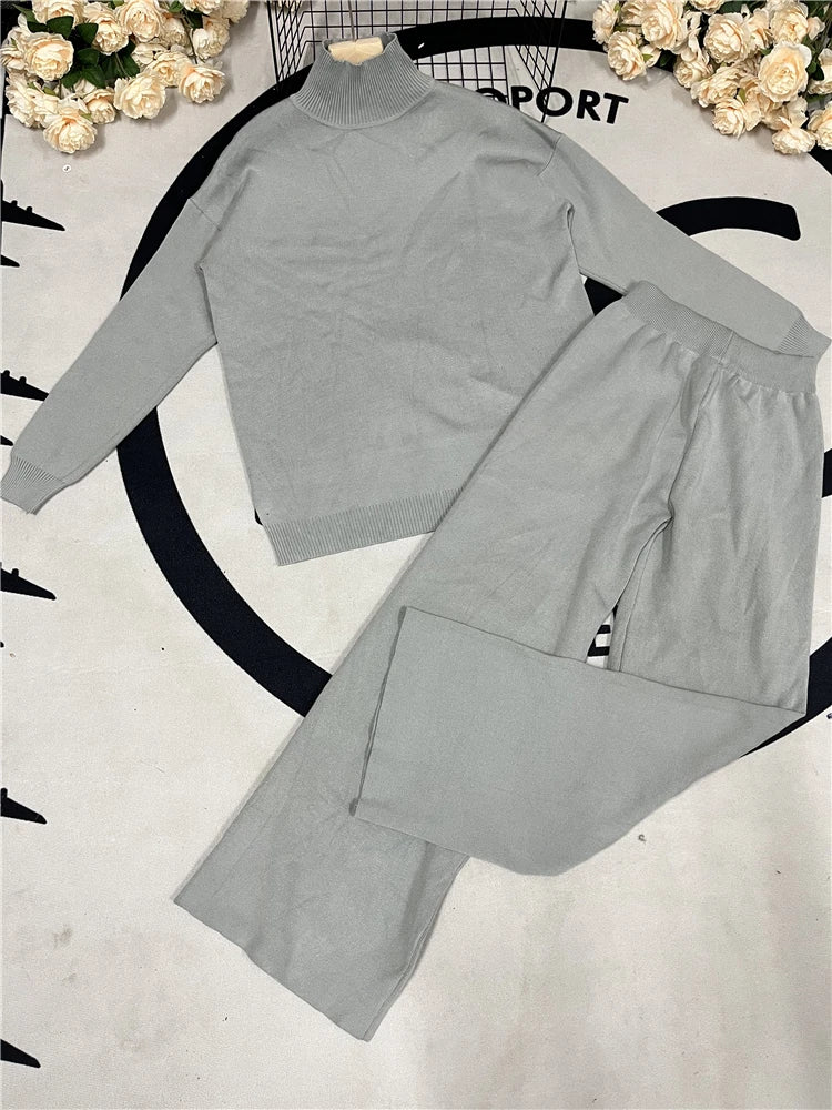 Knit Turtleneck Sweater Wide Leg Pants Set Two Piece — Quiet Luxury - BaeSprout.com