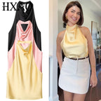 Satin Cowl Neck Halter Top with Backless Cut — Quiet Luxury Night Out - BaeSprout.com
