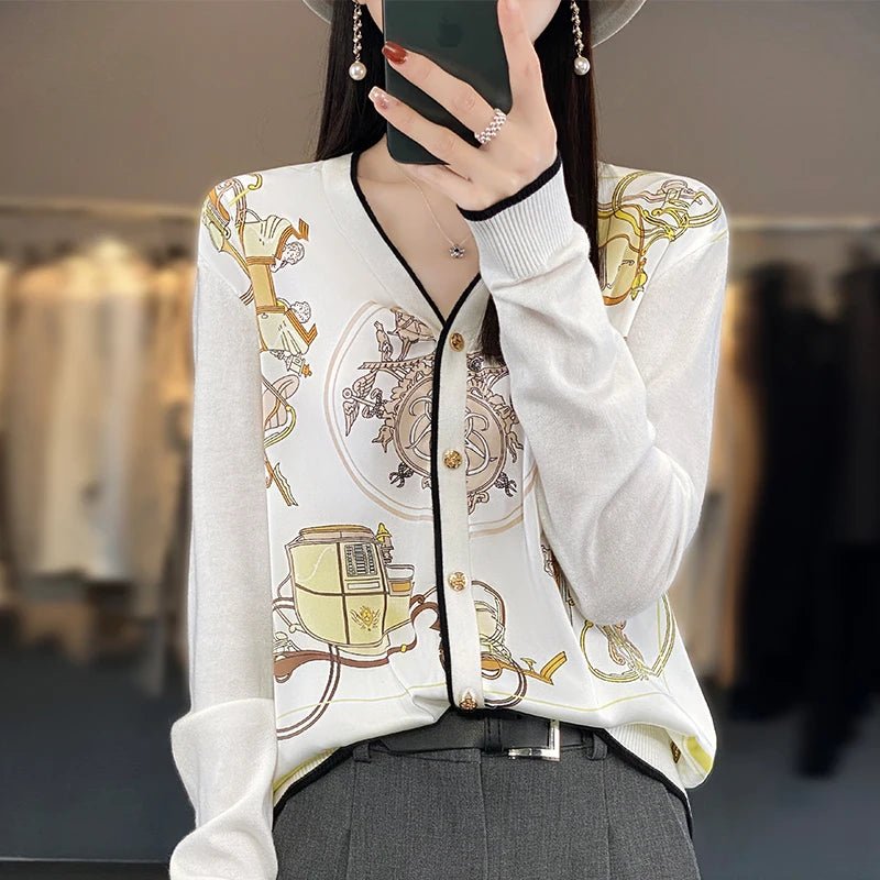 Equestrian Print Knit Cardigan V - Neck Button — Old Money Quiet Luxury - BaeSprout.com