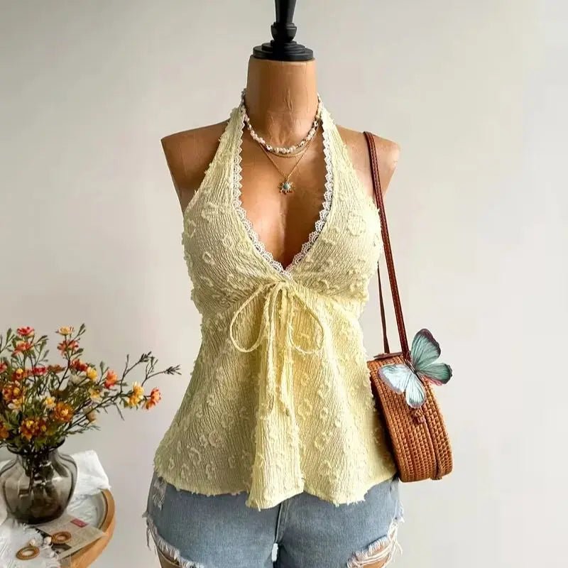 Lace Trim Halter Top Tie - Back Textured — Coquette Beach & Festival - BaeSprout.com